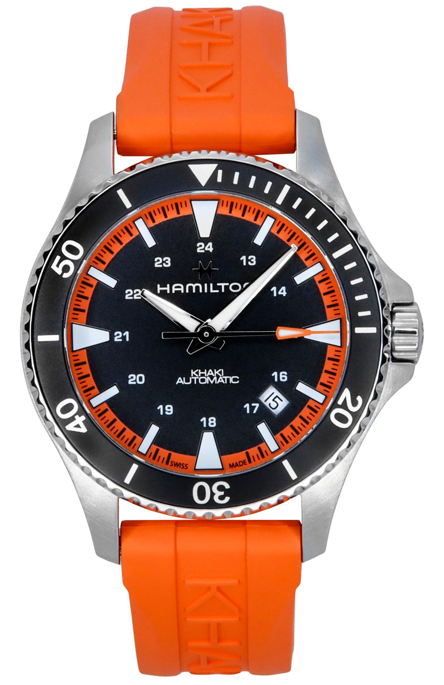 Hamilton Khaki Navy Scuba Orange Kautschukarmband Schwarzes Zifferblatt Automatik H82395331 100M Herrenuhr
