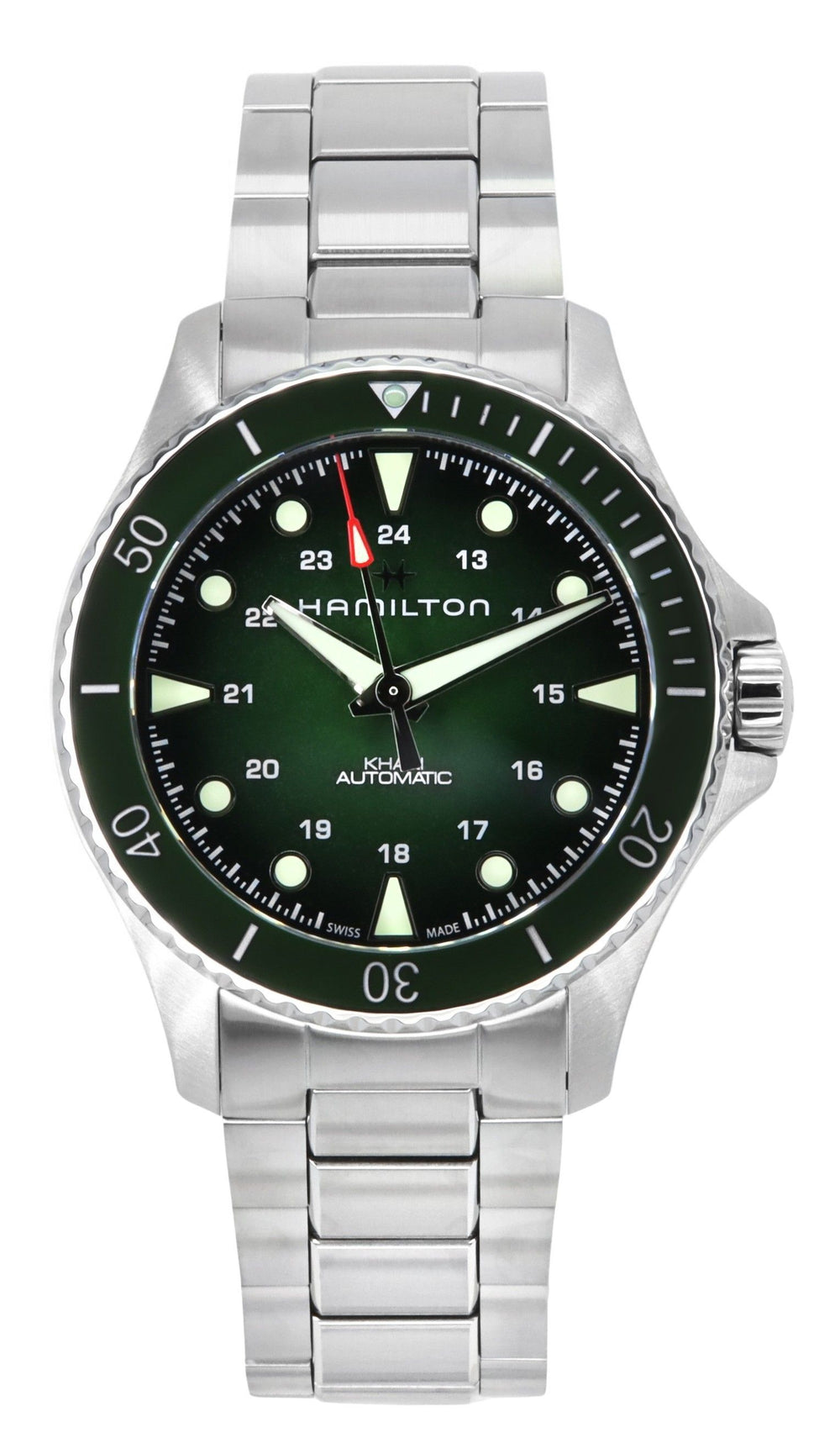 Orologio subacqueo da uomo Hamilton Khaki Navy Scuba in acciaio inossidabile, quadrante verde, automatico, H82525160, 300M