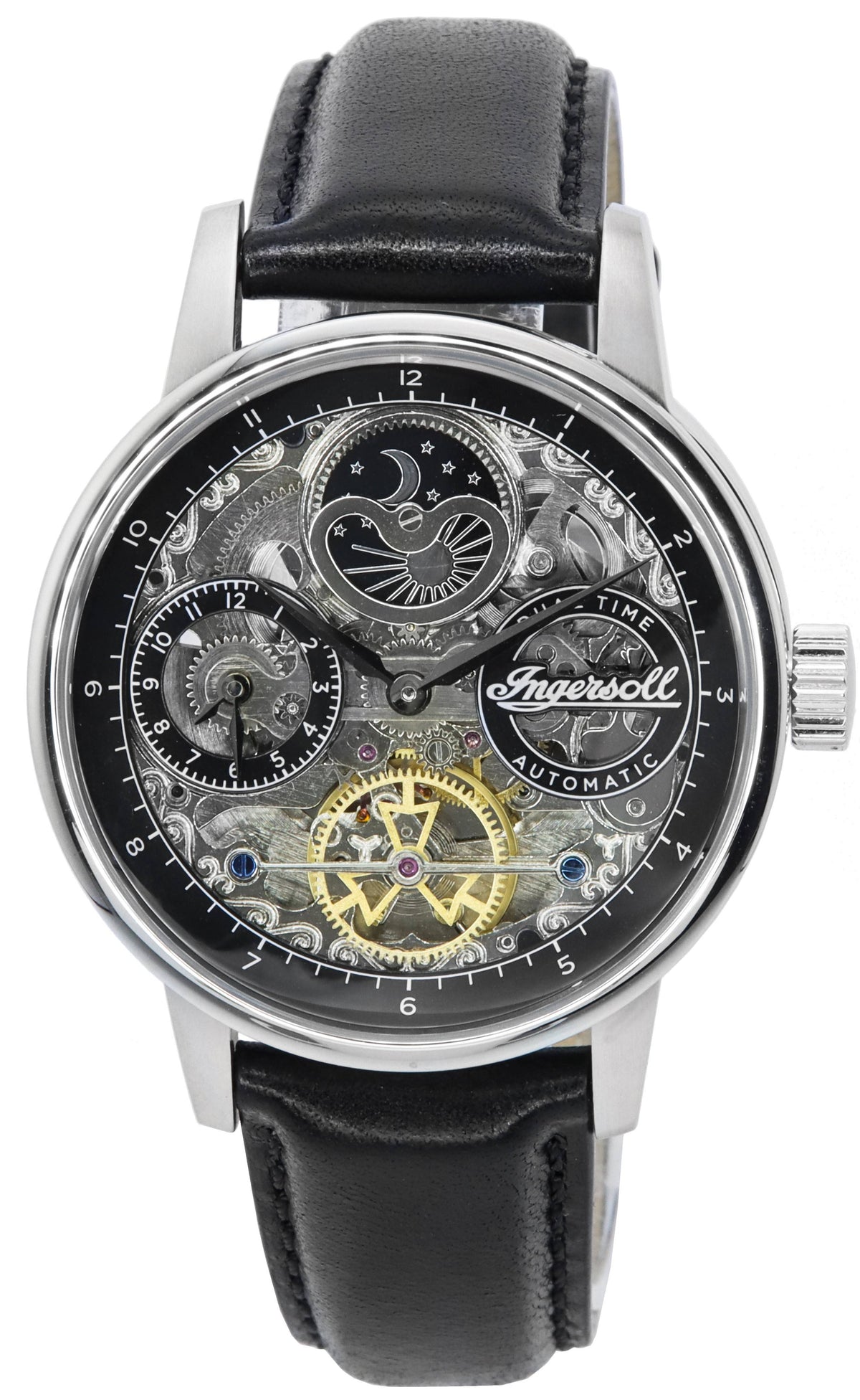 Ingersoll The Jazz Sun en Moon Phase lederen band skelet zilveren wijzerplaat automatisch I07701 herenhorloge
