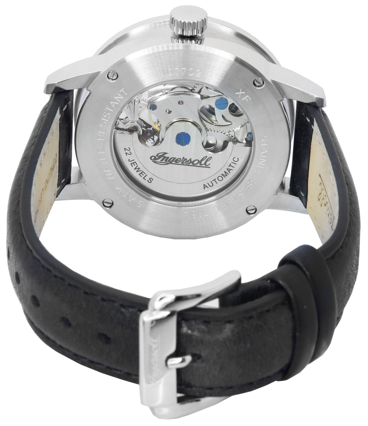 Ingersoll The Jazz Sun en Moon Phase lederen band skelet zilveren wijzerplaat automatisch I07701 herenhorloge