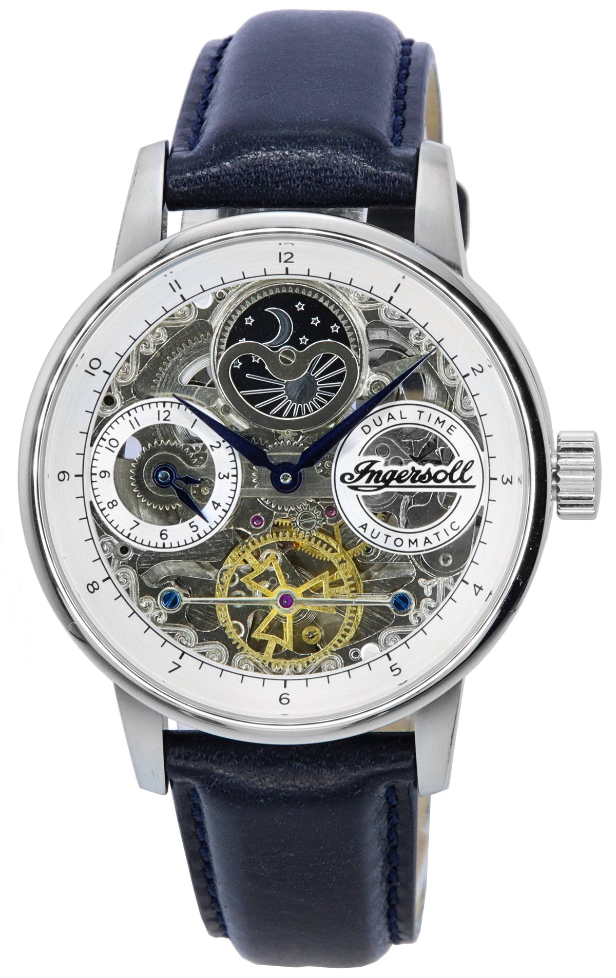Ingersoll The Jazz Sun en Moon Phase lederen band skelet zilveren wijzerplaat automatisch I07702 herenhorloge