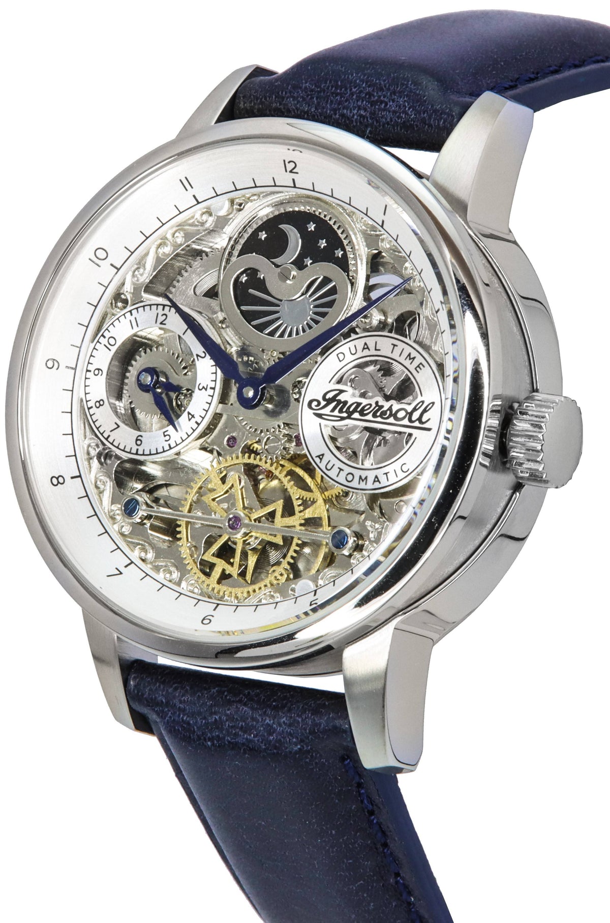 Ingersoll The Jazz Sun en Moon Phase lederen band skelet zilveren wijzerplaat automatisch I07702 herenhorloge