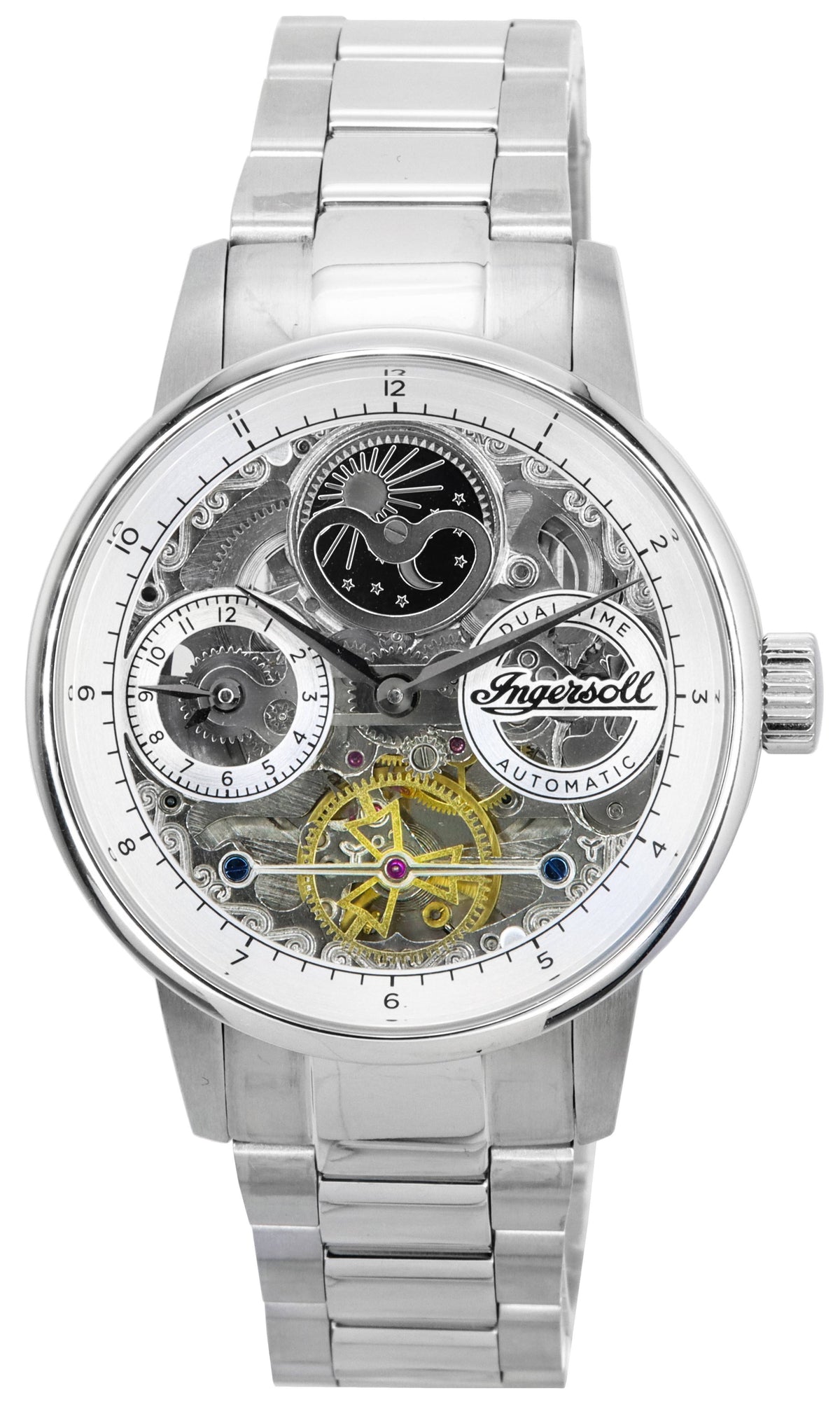 Ingersoll The Jazz Sun and Moon Phase roestvrijstalen skelet zilveren wijzerplaat automatisch I07703 herenhorloge