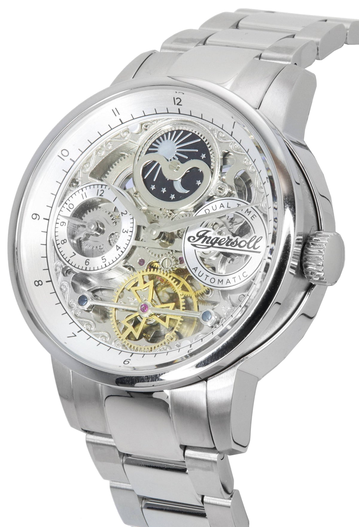 Ingersoll The Jazz Sun and Moon Phase roestvrijstalen skelet zilveren wijzerplaat automatisch I07703 herenhorloge