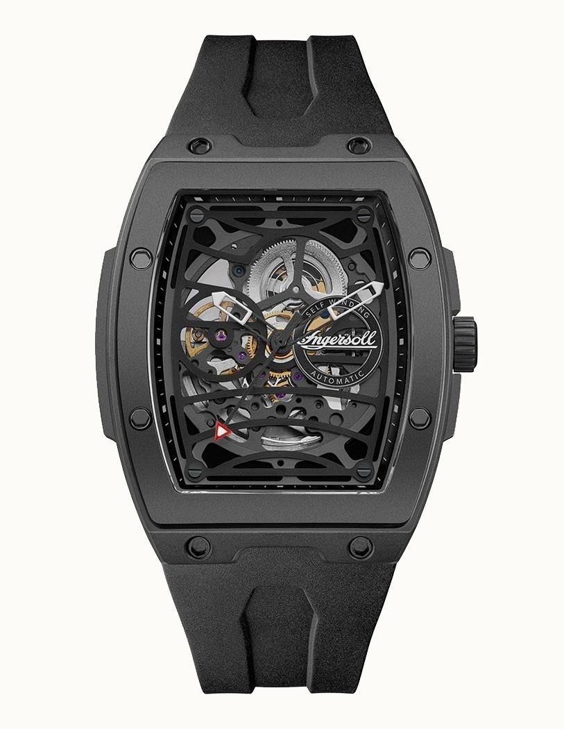 Ingersoll The Rim polyurethaan band zwarte skelet wijzerplaat automatisch I16201 herenhorloge