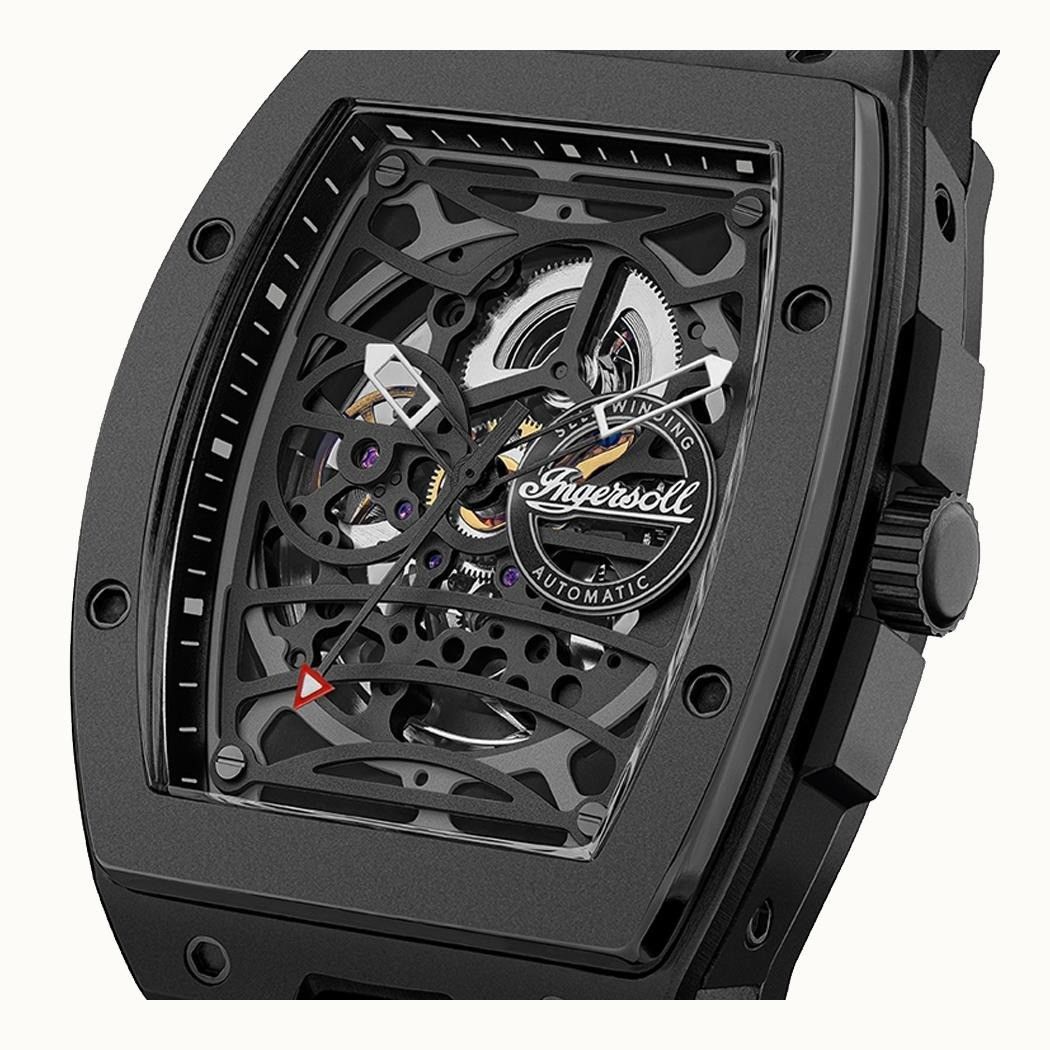 Ingersoll The Rim polyurethaan band zwarte skelet wijzerplaat automatisch I16201 herenhorloge