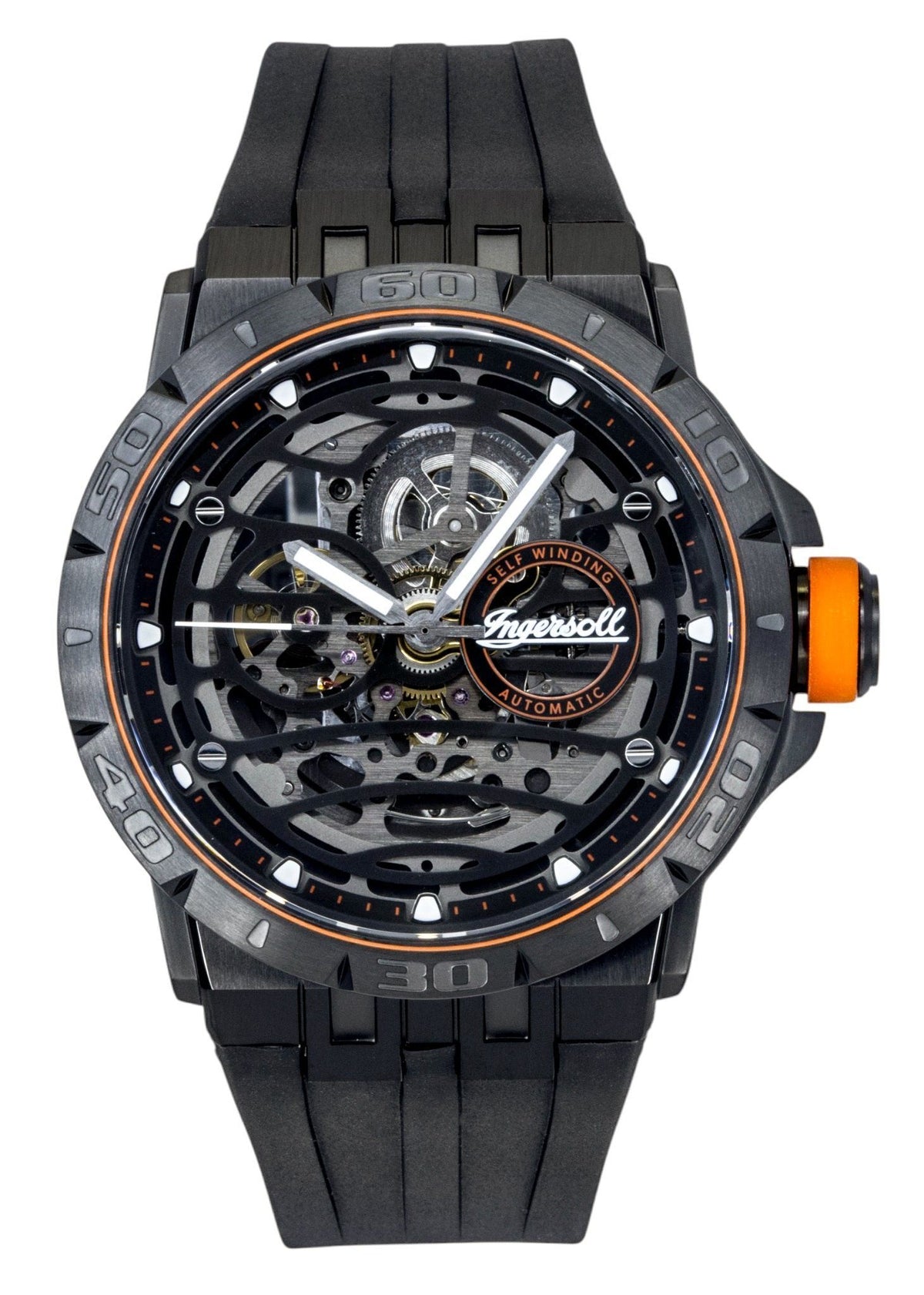 Ingersoll The Rigger polyurethaan band zwarte skelet wijzerplaat automatisch I17902 herenhorloge