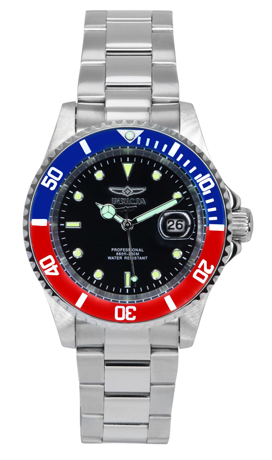 Invicta Pro Diver Edelstahl Schwarz Zifferblatt Pepsi Lünette Quarz 47354 200M Herrenuhr