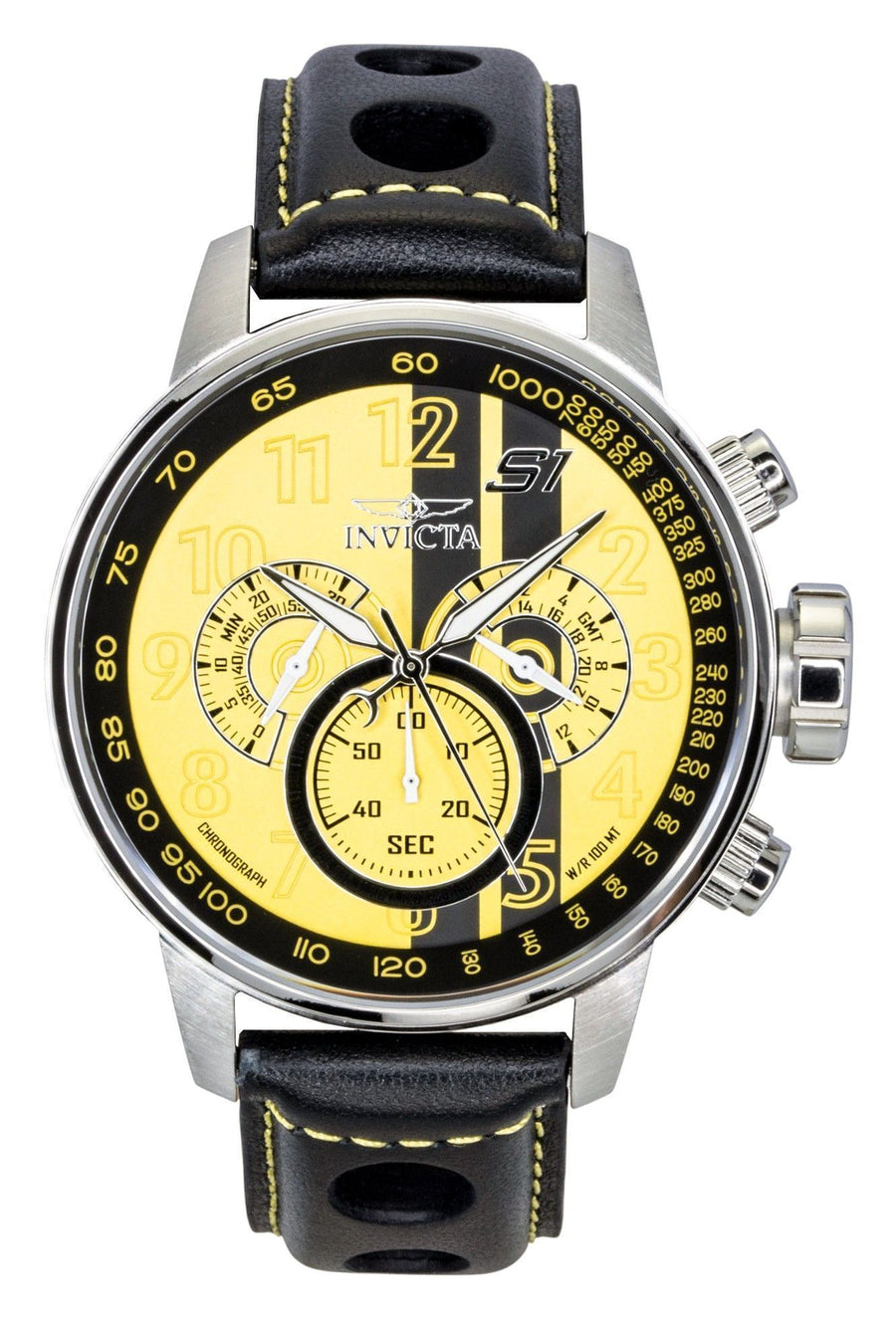 Invicta S1 Rally Chronograph GMT Lederarmband Gelb-Schwarzes Zifferblatt Quarz 48616 100M Herrenuhr