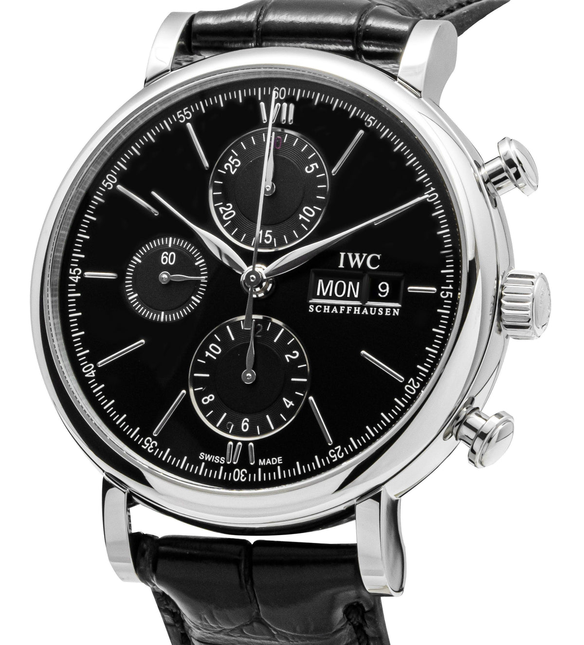IWC Portofino chronograaf lederen band zwarte wijzerplaat automatisch IW391029 herenhorloge