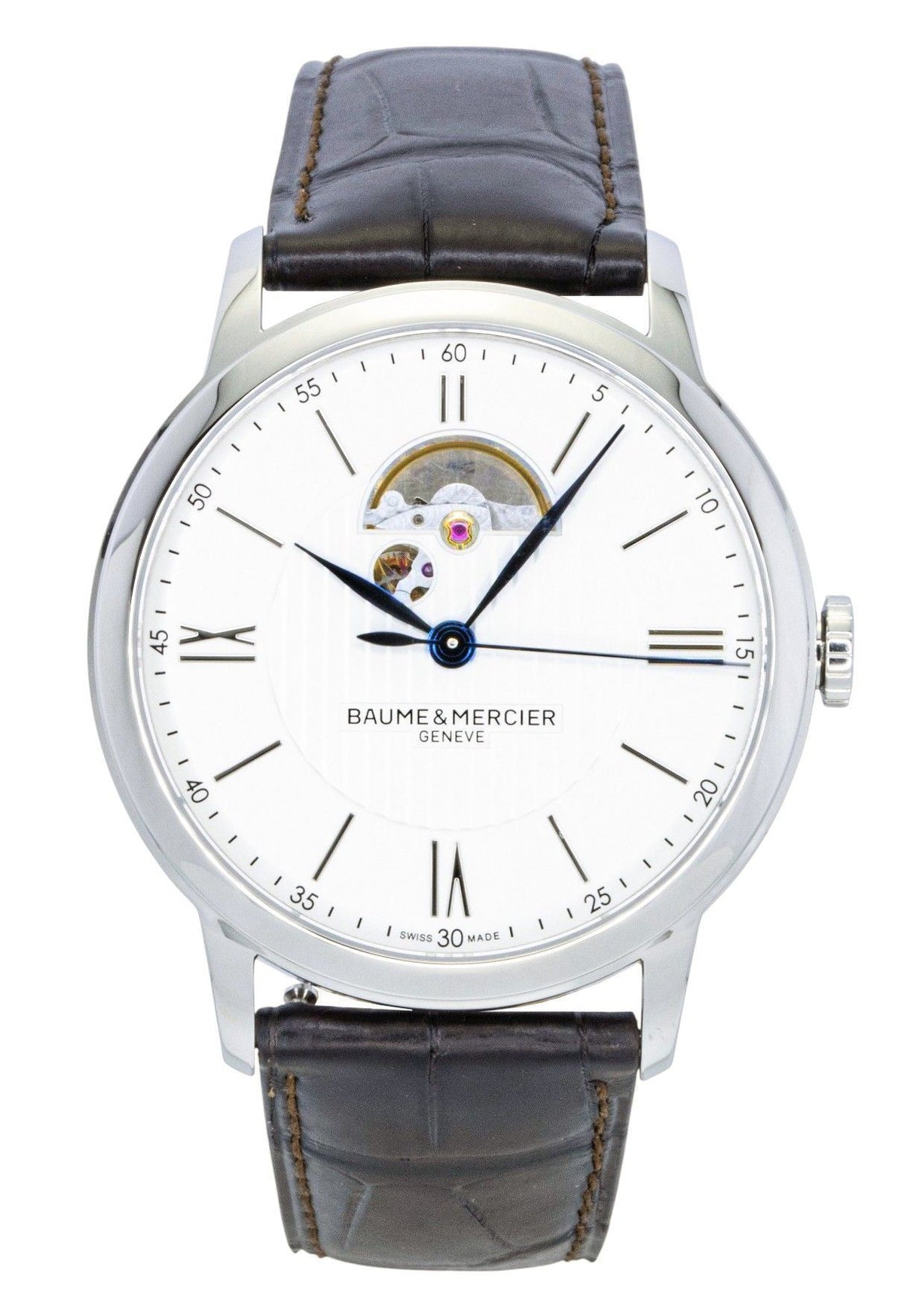 Baume & Mercier Classima lederen band open hart zilveren wijzerplaat automatisch M0A10524 herenhorloge