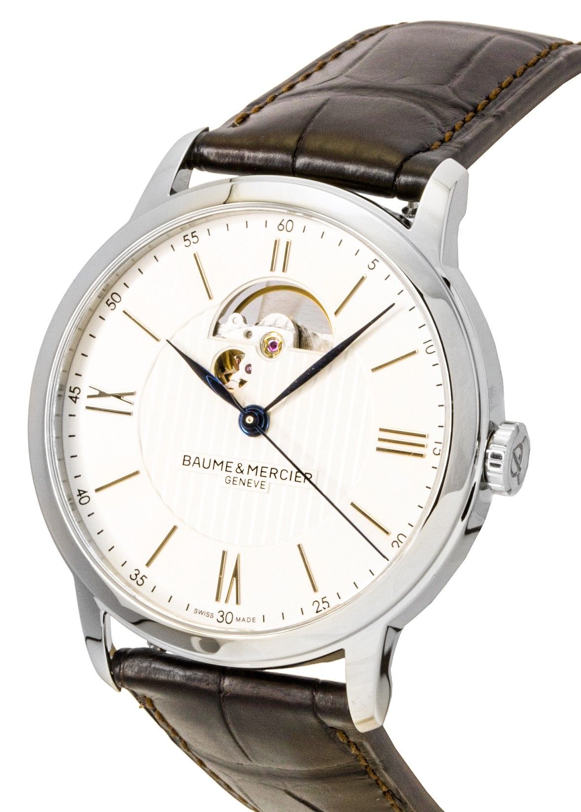 Baume & Mercier Classima lederen band open hart zilveren wijzerplaat automatisch M0A10524 herenhorloge