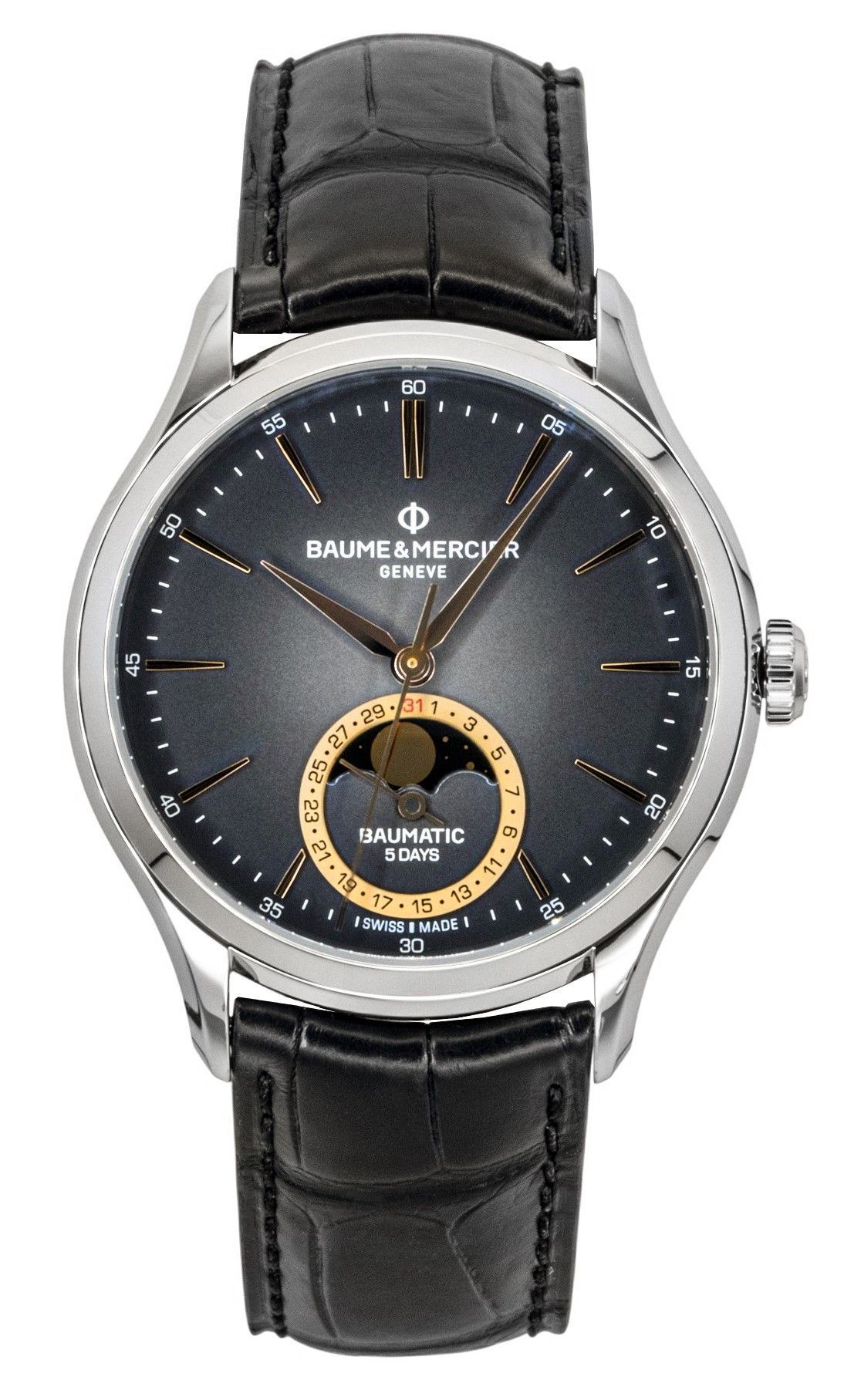 Baume & Mercier Clifton lederen band maanfase zwarte wijzerplaat automatisch M0A10758 herenhorloge