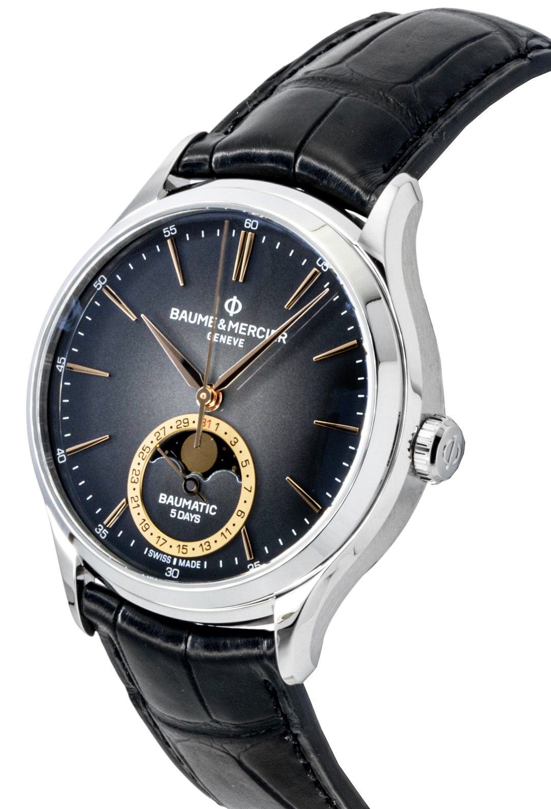 Baume & Mercier Clifton lederen band maanfase zwarte wijzerplaat automatisch M0A10758 herenhorloge