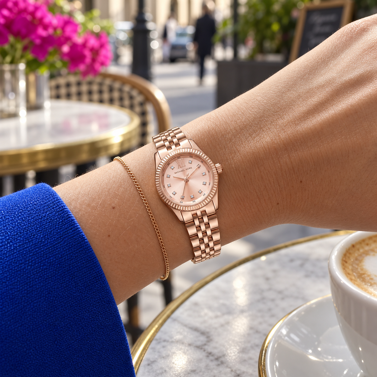 Michael Kors MK4739 Petite Lexington rose-gold pavé watch, woman's wrist