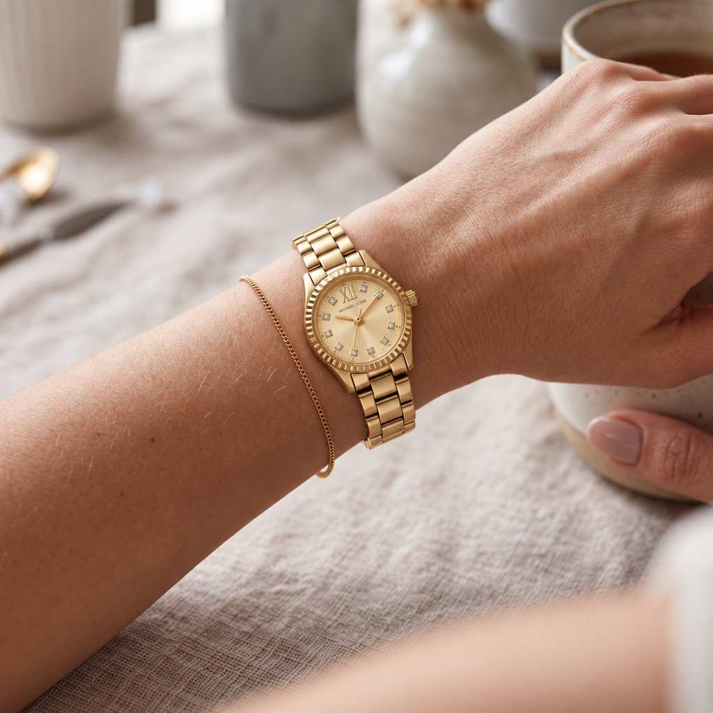 Michael Kors MK4862 petite gold-tone watch on a woman's wrist