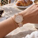 Michael Kors MK5896 - woman's wrist in Italian cafe