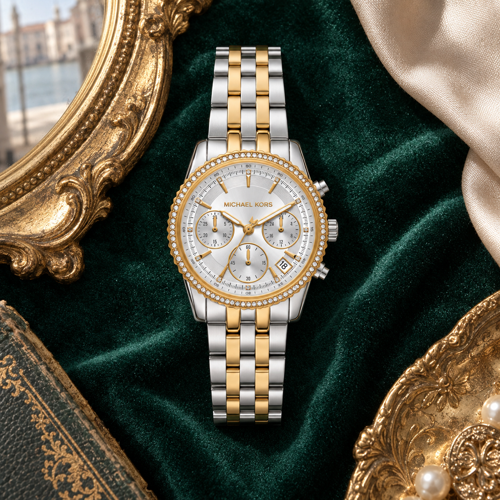 Michael Kors MK7532 Mini Bryant two-tone pavé watch, Venice editorial