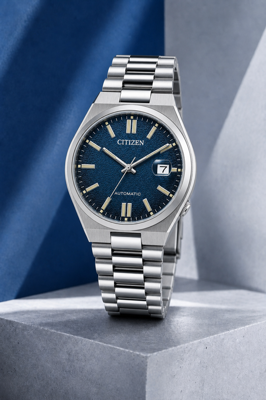 Citizen NJ0151-88L blue dial automatic watch on a cool blue-grey stone display