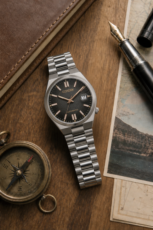 Citizen NJ0200-50E automatic watch styled on a classic travel desk