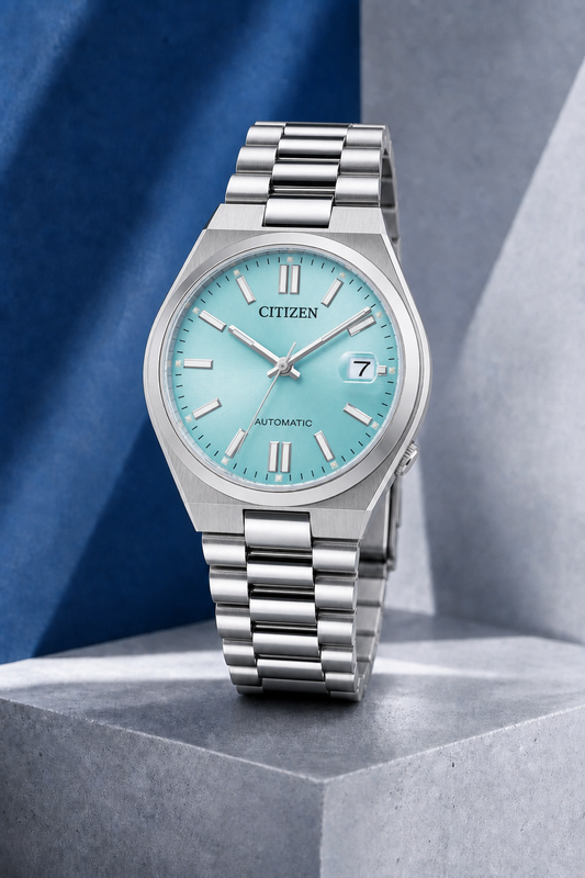 Citizen NJ0200-50L ice blue dial automatic watch on a cool blue-grey stone display