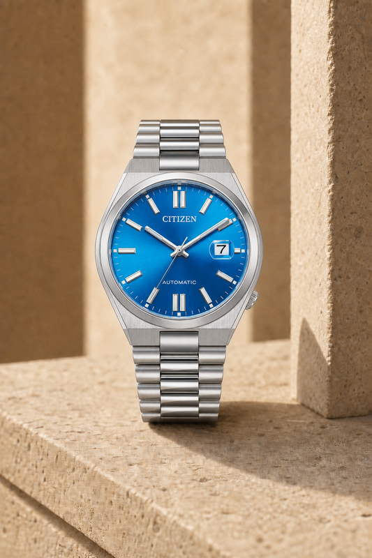 Citizen NJ0200-50M navy blue dial automatic watch in a warm limestone setting