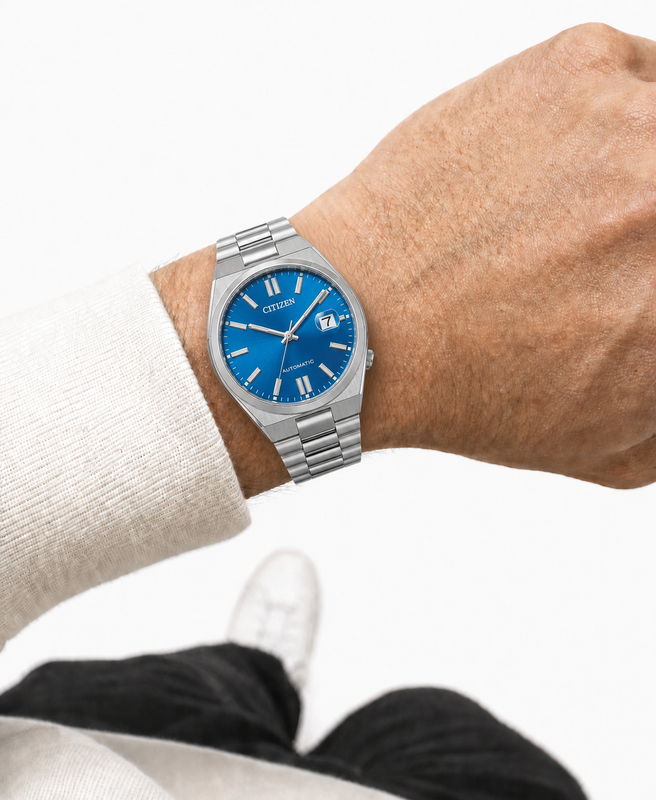 Citizen NJ0200-50M navy blue dial automatic watch worn naturally on the wrist