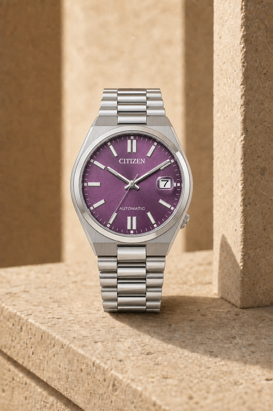 Citizen NJ0200-50W purple dial automatic watch in a warm limestone setting