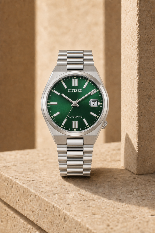 Citizen NJ0200-50X green dial automatic watch in a warm limestone setting