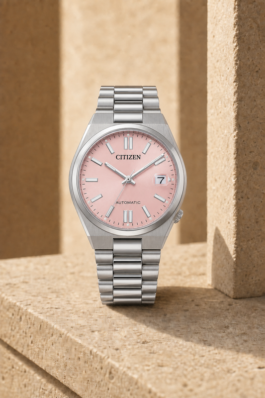 Citizen NJ0200-50Z pink dial automatic watch in a warm limestone setting