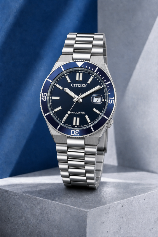 Citizen NJ0230-59L blue dial automatic watch on a cool blue-grey stone display