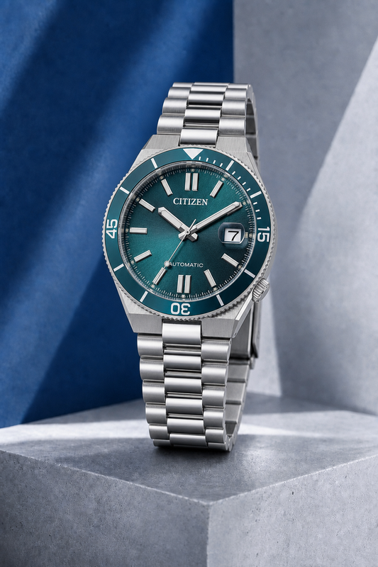 Citizen NJ0231-56L turquoise dial automatic watch on a cool blue-grey stone display