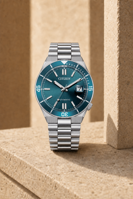Citizen NJ0231-56L turquoise dial automatic watch in a warm limestone setting