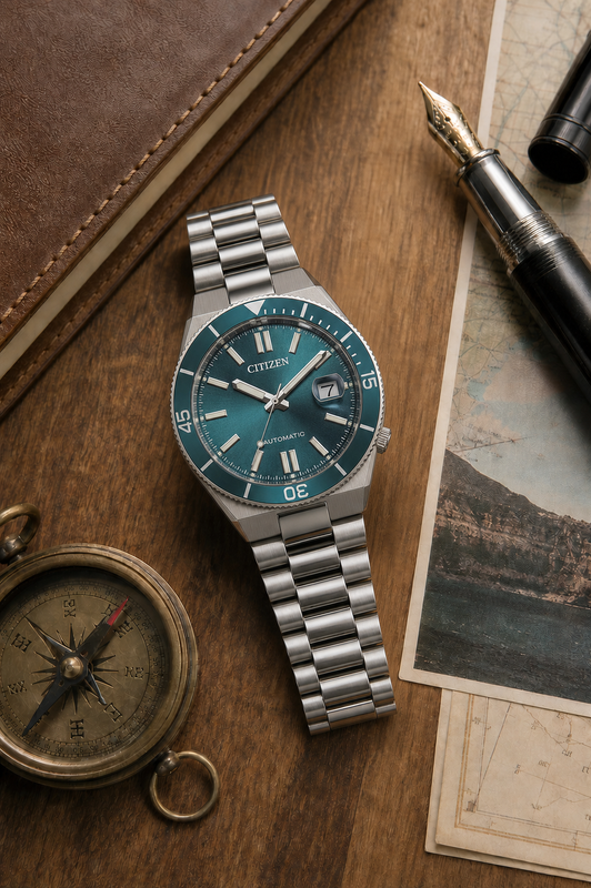 Citizen NJ0231-56L automatic watch styled on a classic travel desk