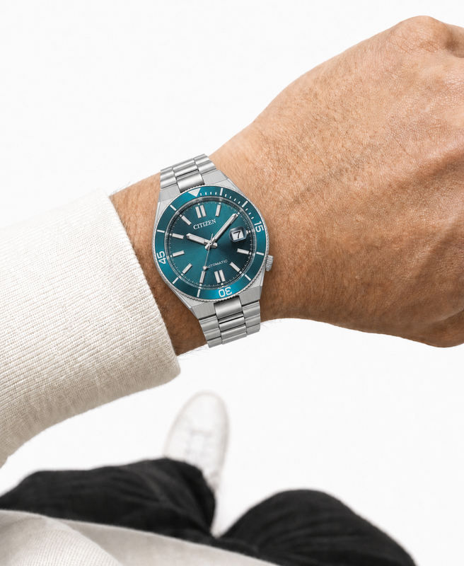 Citizen NJ0231-56L turquoise dial automatic watch worn naturally on the wrist