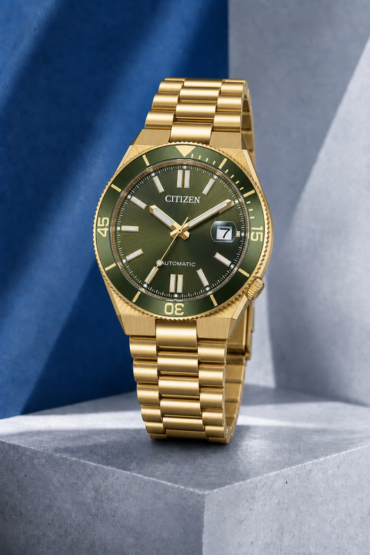 Citizen NJ0232-53X green dial automatic watch on a cool blue-grey stone display