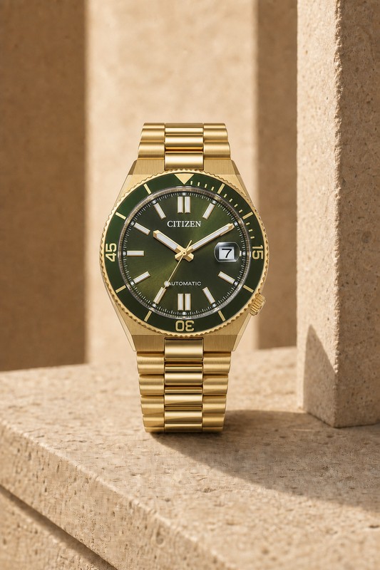 Citizen NJ0232-53X green dial automatic watch in a warm limestone setting