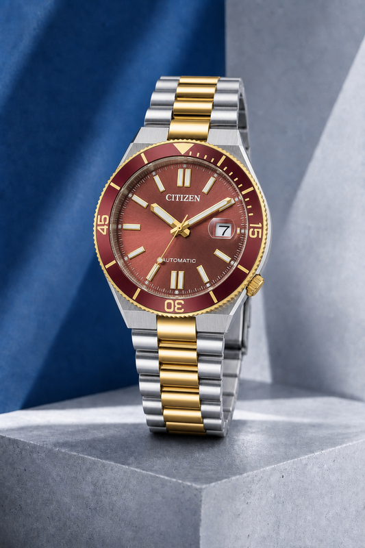 Citizen NJ0234-58X wine red dial automatic watch on a cool blue-grey stone display