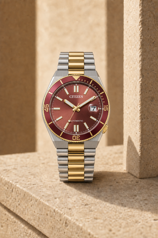 Citizen NJ0234-58X wine red dial automatic watch in a warm limestone setting