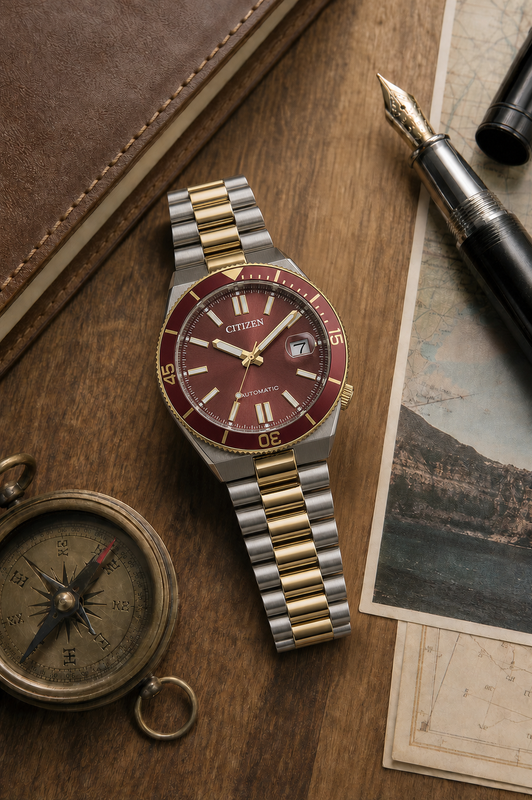 Citizen NJ0234-58X automatic watch styled on a classic travel desk