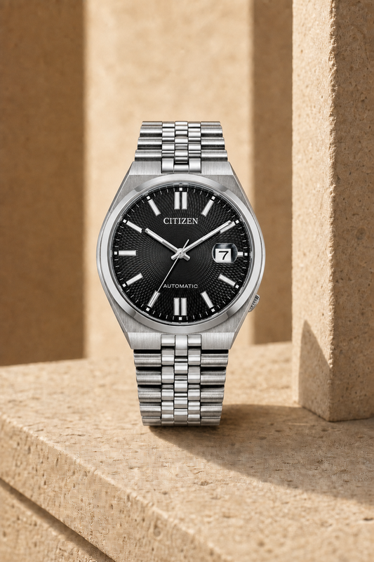 Citizen NK0020-55E black dial automatic watch in a warm limestone setting