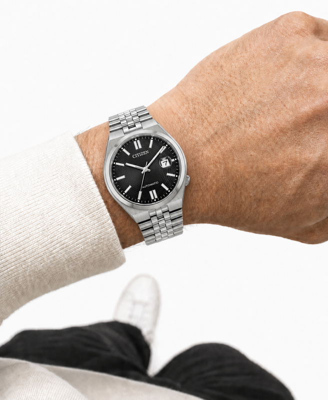 Citizen NK0020-55E black dial automatic watch worn naturally on the wrist