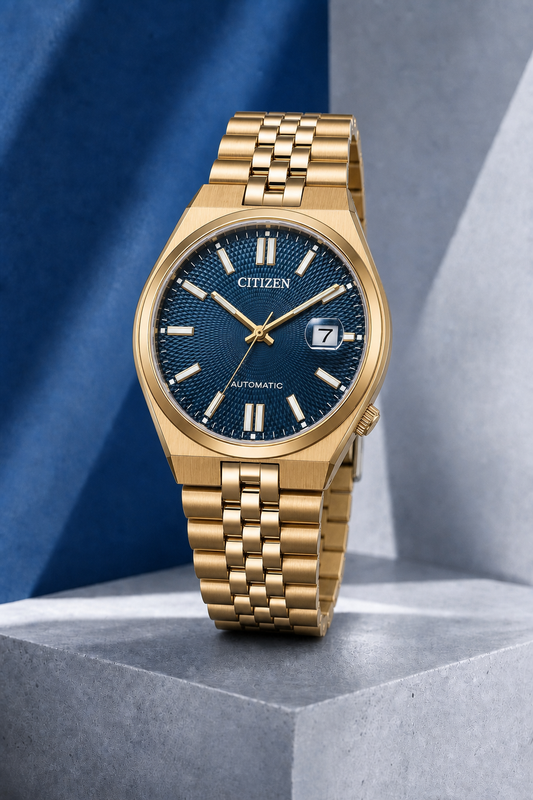 Citizen NK0023-57L blue dial automatic watch on a cool blue-grey stone display
