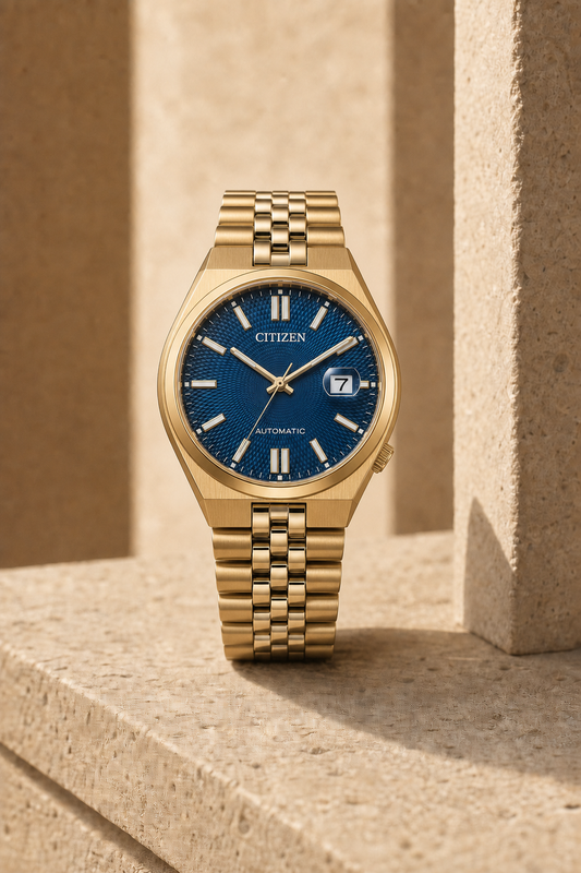 Citizen NK0023-57L blue dial automatic watch in a warm limestone setting