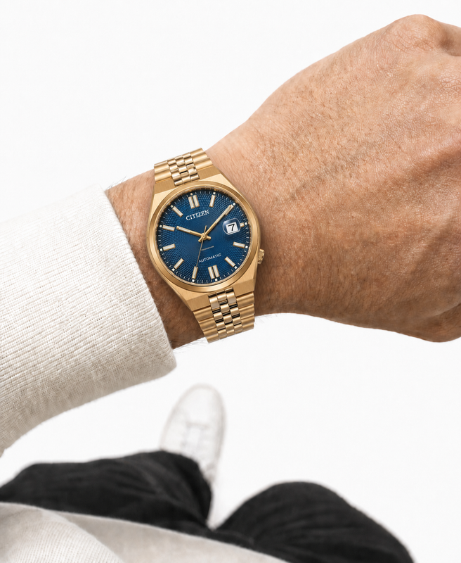 Citizen NK0023-57L blue dial automatic watch worn naturally on the wrist