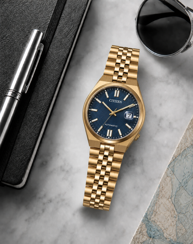 Citizen NK0023-57L blue dial automatic watch in a premium marble flat-lay