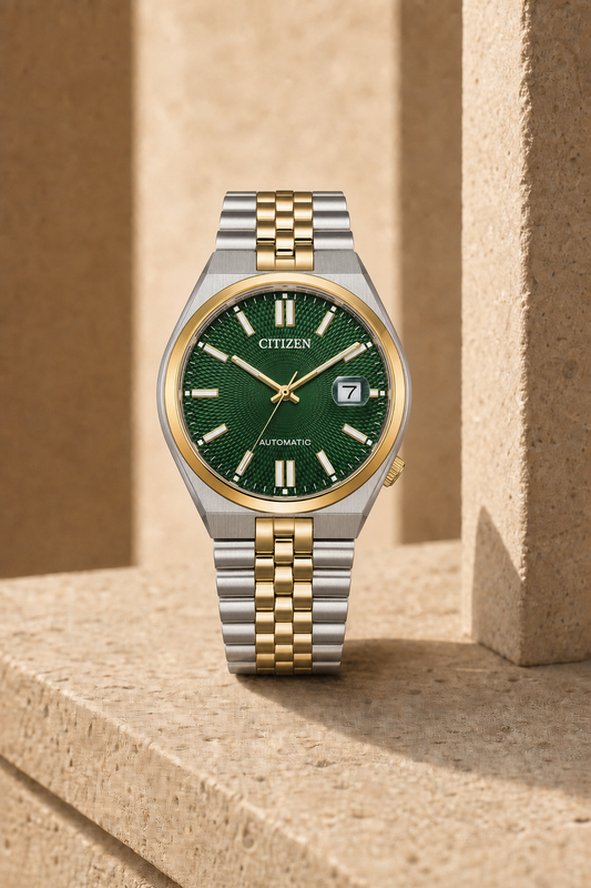 Citizen NK0024-54X green dial automatic watch in a warm limestone setting
