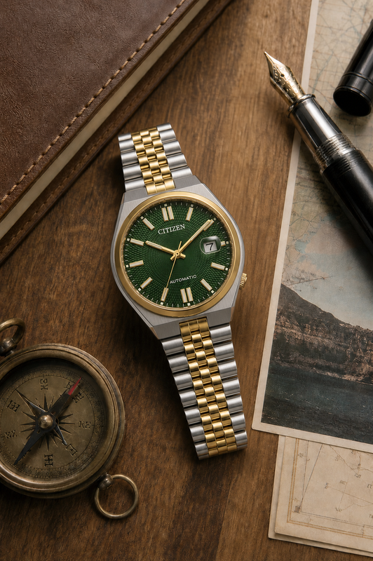 Citizen NK0024-54X automatic watch styled on a classic travel desk