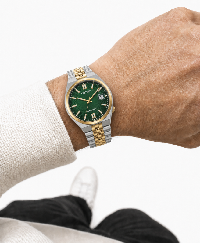 Citizen NK0024-54X green dial automatic watch worn naturally on the wrist