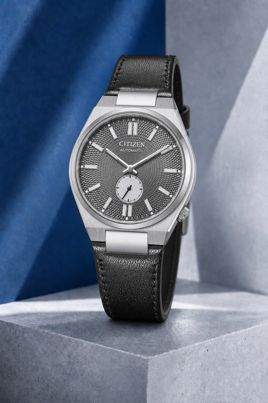 Citizen NK5010-01H grey dial automatic watch on a cool blue-grey stone display